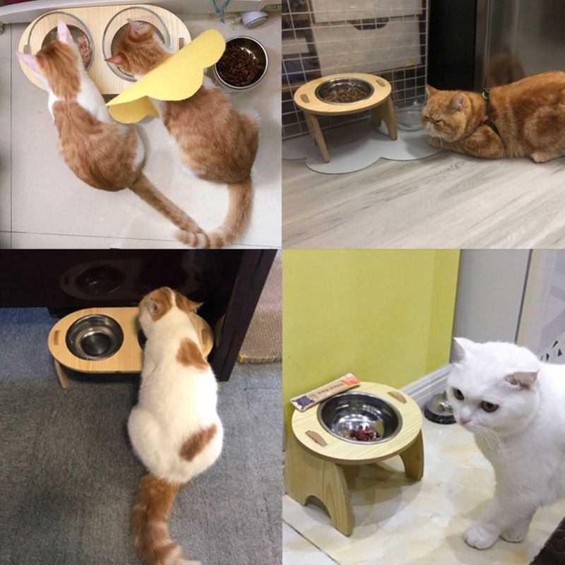 Bát Đựng Thức Ăn Nước Uống Bằng Thép Không Gỉ Khung Gỗ Nghiêng Bảo Vệ Góc Cho Mèo Cưng