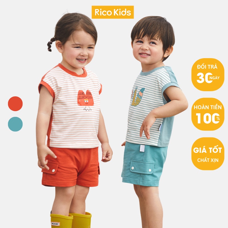 Bộ quần áo mùa hè cotton cho bé trai, bé gái 10-25kg đồ bộ cộc tay đi học chơi mặc nhà hiệu Rico Kids mã B001