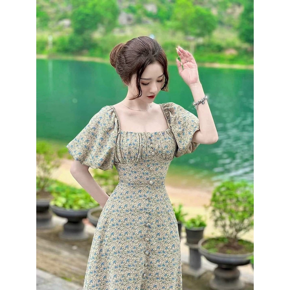 Váy đầm nữ dáng xòe cổ vuông tay phồng họa tiết phối nút bọc | BigBuy360 - bigbuy360.vn