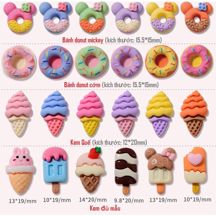 Set 6 Charm Hoạt Hình Kem Socola | Kem Ốc Quế | Bánh Donut | Phụ Kiện Trang Trí Móng