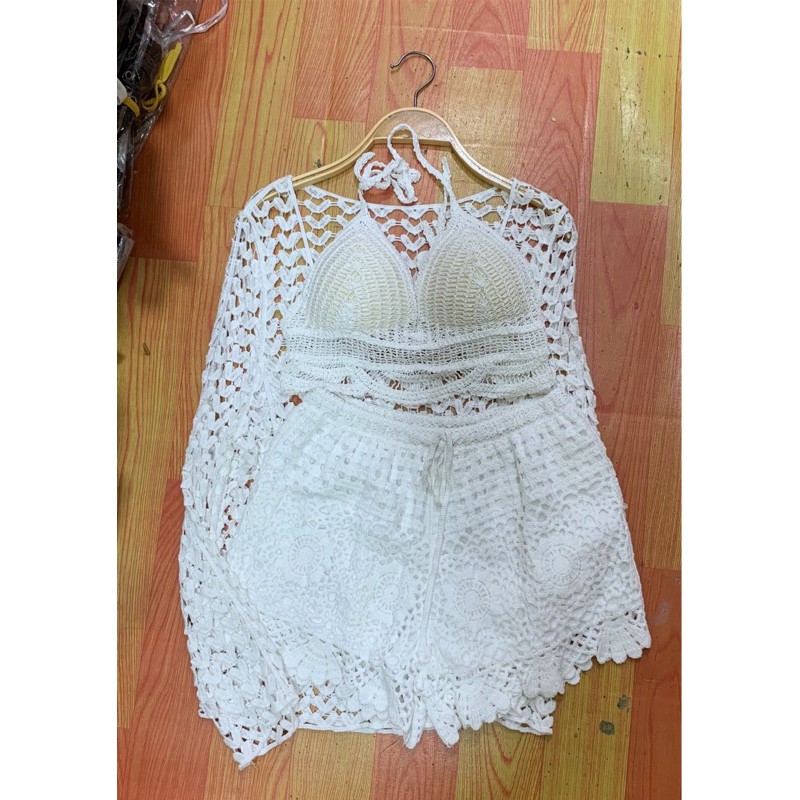 Ren 18-set bikini ren đi biển - set 3 món - bra gấu sóng + quần ren sọc hoa to + choàng tim chui đầu
