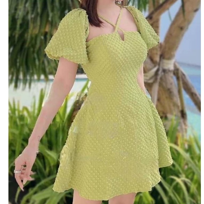 Đầm cổ vuông tay bồng,váy xòe bản thiết kế chất liệu gấm ô nổi may full 2 lớp tiểu thư dự tiệc dạo phố XM Minh Phúc