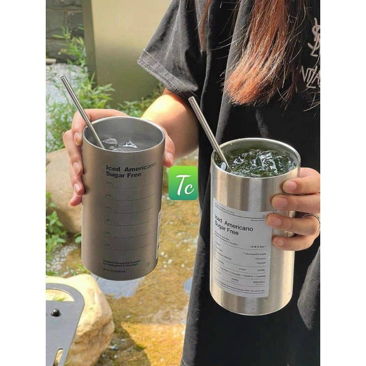 Cốc Giữ Nhiệt Inox 304 Có Ống Hút Ly Uống Coffee 600ML Giữ Nhiệt 6-8 Tiếng