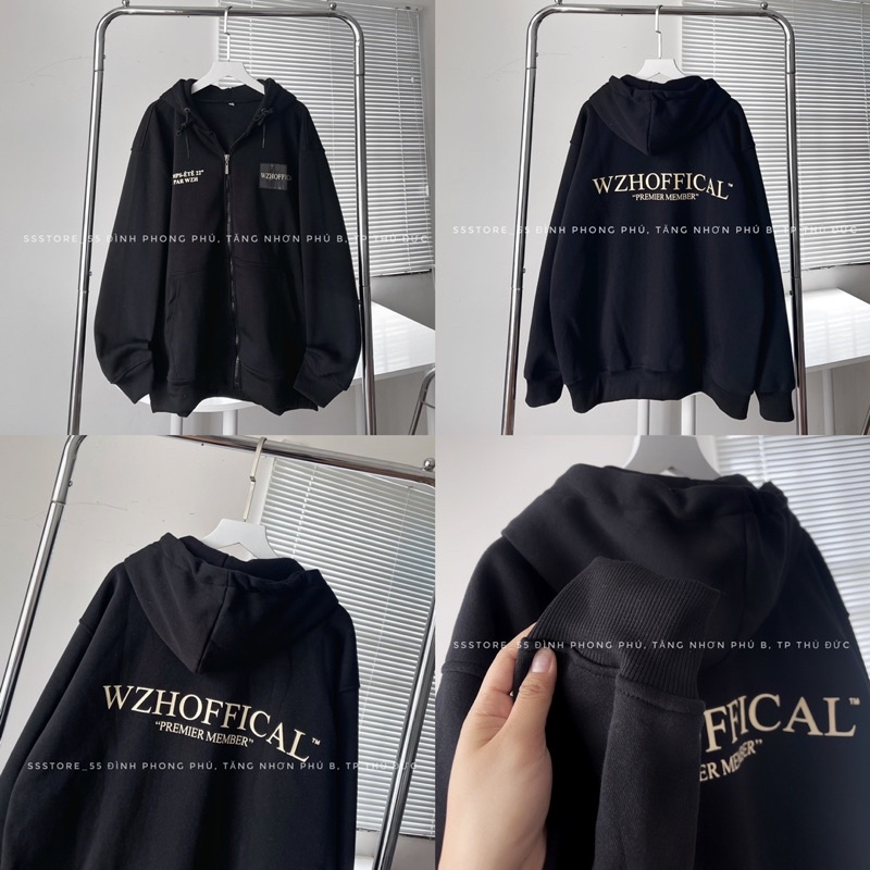 Áo khoác hoodie zip WZHOFFICAL có nón vải nỉ bông màu xám form rộng unisex nam nữ_ SSSTore