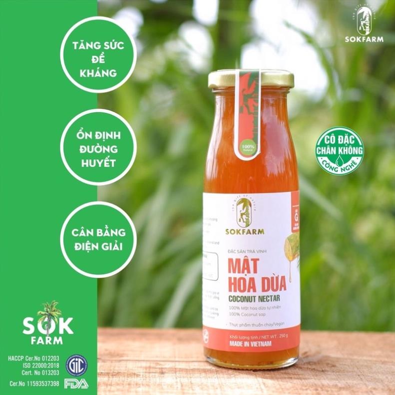 Mật hoa dừa Sokfarm Trà Vinh - Chai 250g và 65g- Sản phẩm thuần chay, có chỉ số đường huyết thấp, tăng sức đề kháng
