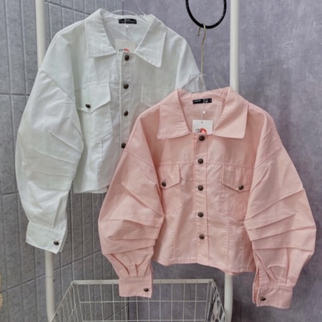 Áo Khoác Kaki Dáng Ngắn Tay Xếp Li Dáng Rộng Áo Bomber Jackets