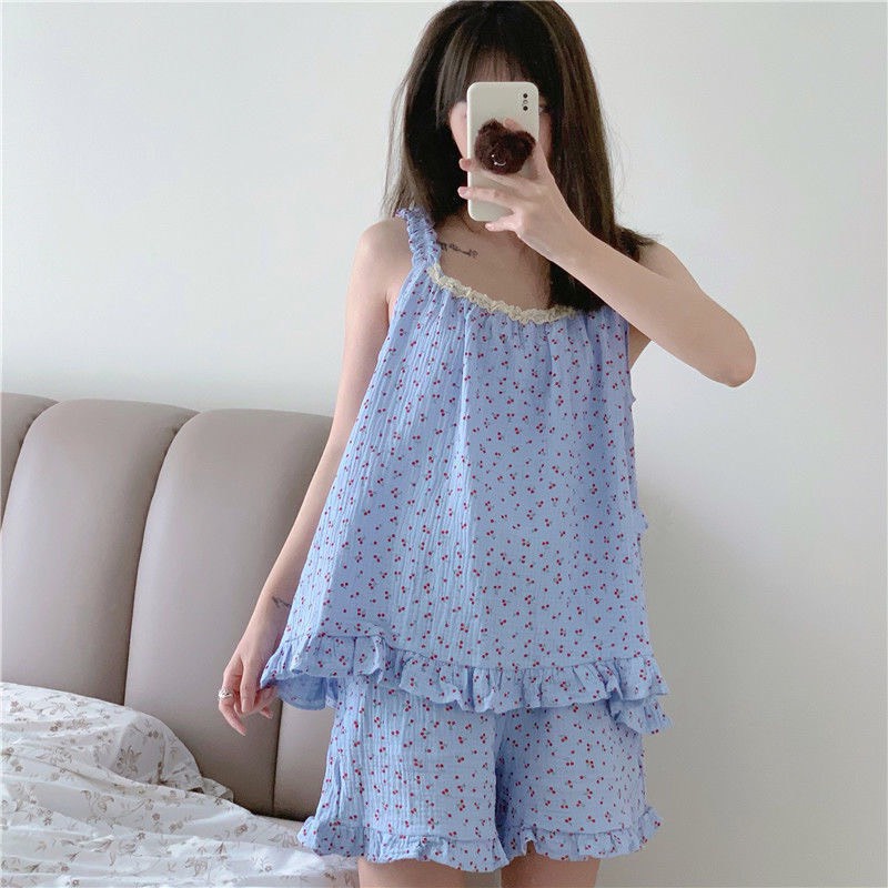 Bộ Pijama Hai Dây Dễ Thương Vải Đũi Cực Mát