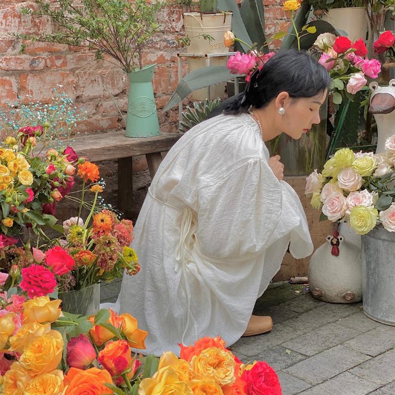 Đầm Chữ A Tay Phồng Cổ Chữ V Cột Dây Đơn Giản Thời Trang Hàn Quốc Cho Nữ