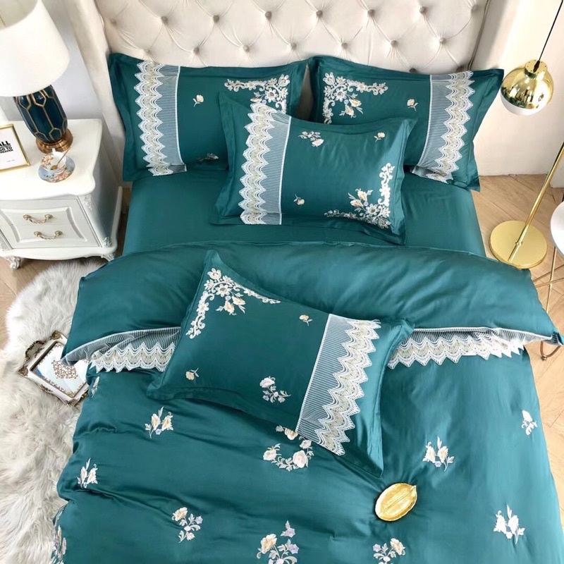 Bộ 4 món vỏ chăn ga gối Lụa Satin cao cấp xanh phối ren