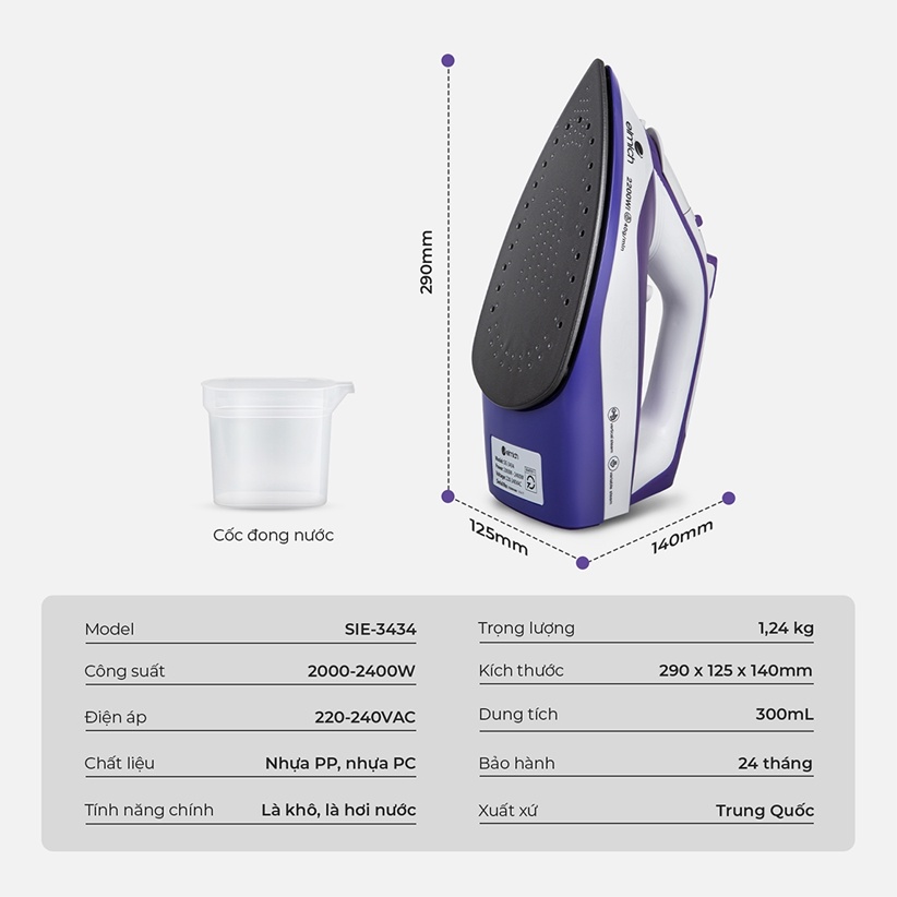 Bàn ủi hơi nước 2400W Elmich SIE-3434 - Hàng chính hãng - Bảo hành 24 Tháng