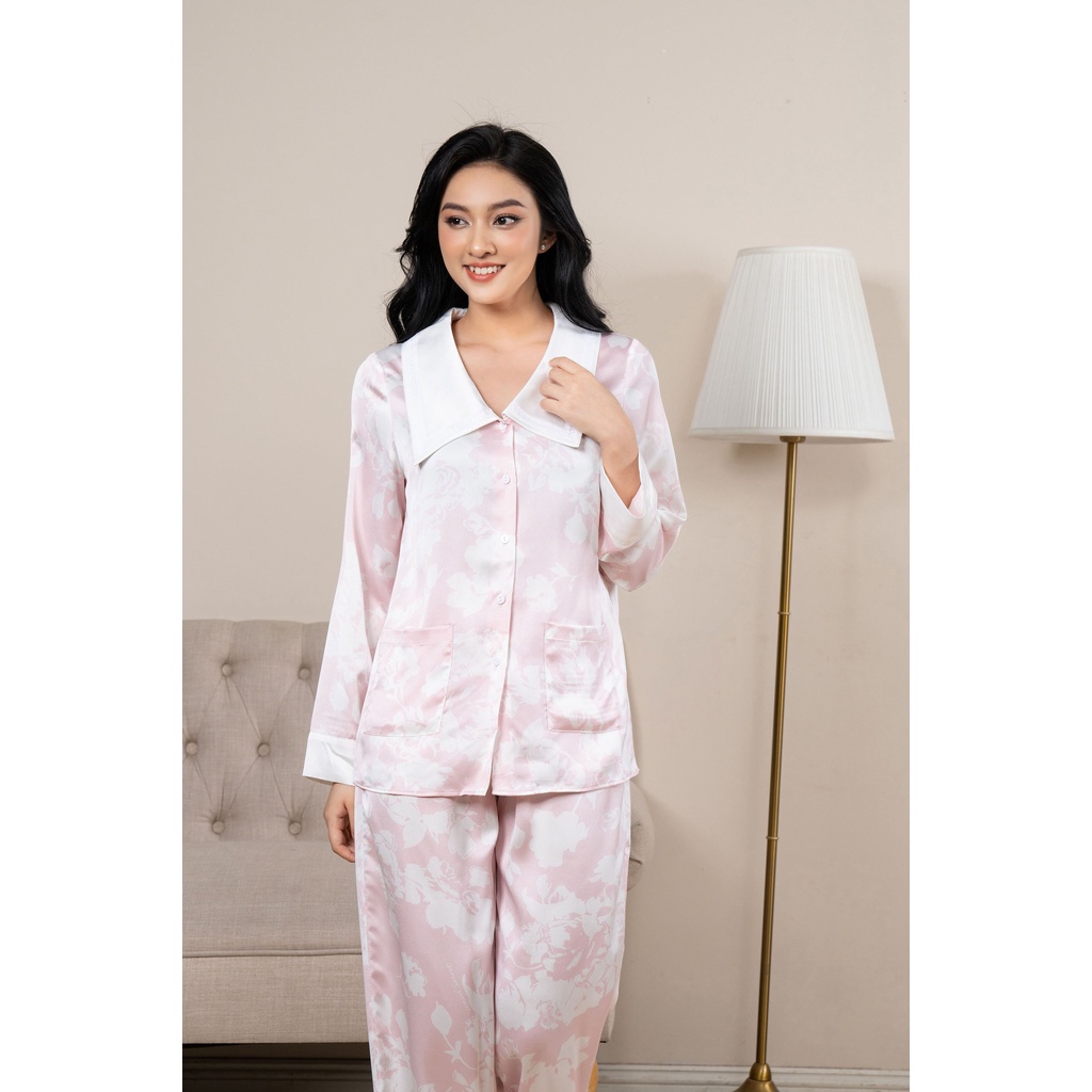 Đồ Ngủ Nữ Bộ Pijama Lụa Venus Secret Dài Tay Hoa Trắng