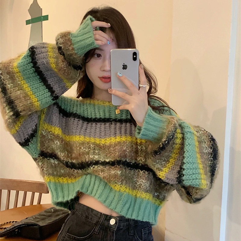 Áo Dệt Kim Tay Dài Kẻ Sọc Màu Tương Phản Thời Trang Mùa Thu Dễ Phối Đồ Cho Nữ