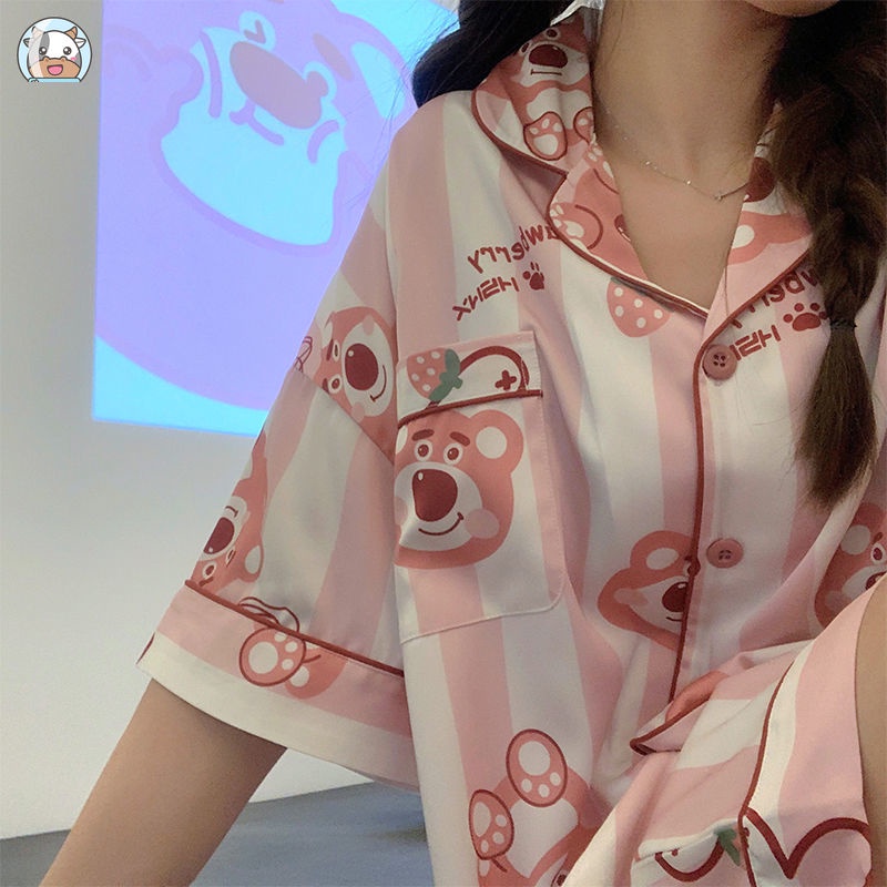 Bộ Đồ Ngủ Họa Tiết Gấu Dâu Tây Hoạt Hình Đáng Yêu Cho Nữ
