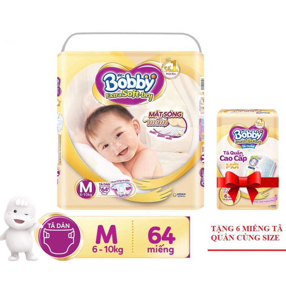 Tã Dán Siêu Mềm Bobby Extra Soft Dry S74/M64/L58/XL52