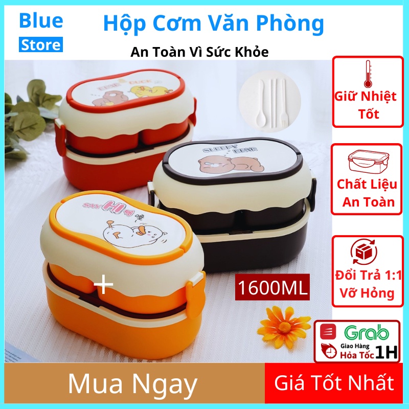 Hộp đựng cơm văn phòng, hộp cơm cute an toàn sử dụng lò vi sóng tặng kèm đũa thìa 1600ml - BlueStore