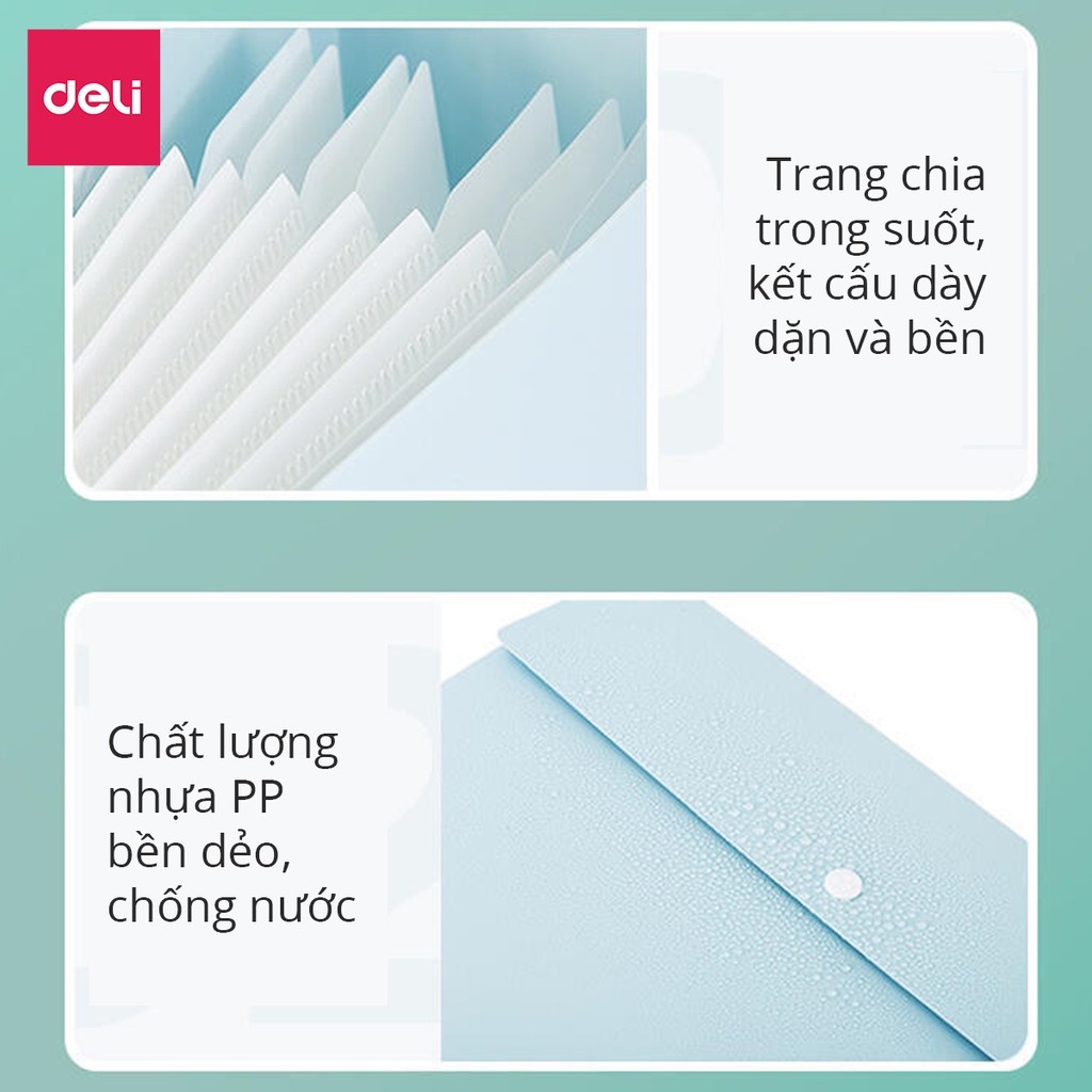 Cặp đựng tài liệu A4 Deli - 8 ngăn phân trang - file lưu trữ tài liệu - Xanh Dương/ Xanh lá/ Xám - 72456