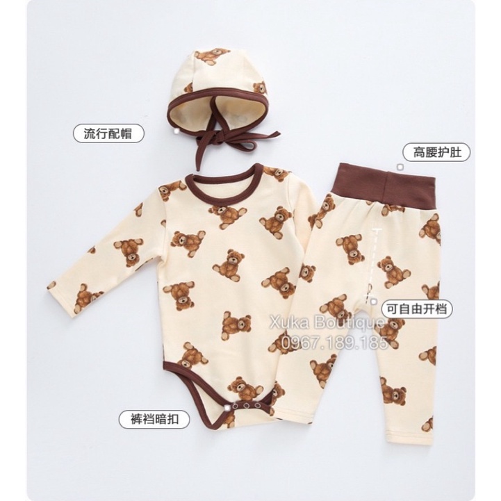 Bodysuit Kèm Quần + Mũ Hình Gấu Cao Cấp Cho Bé 0-2 Tuổi Style Hàn Quốc Cotton Dài Tay Thu Đông Cực Đẹp