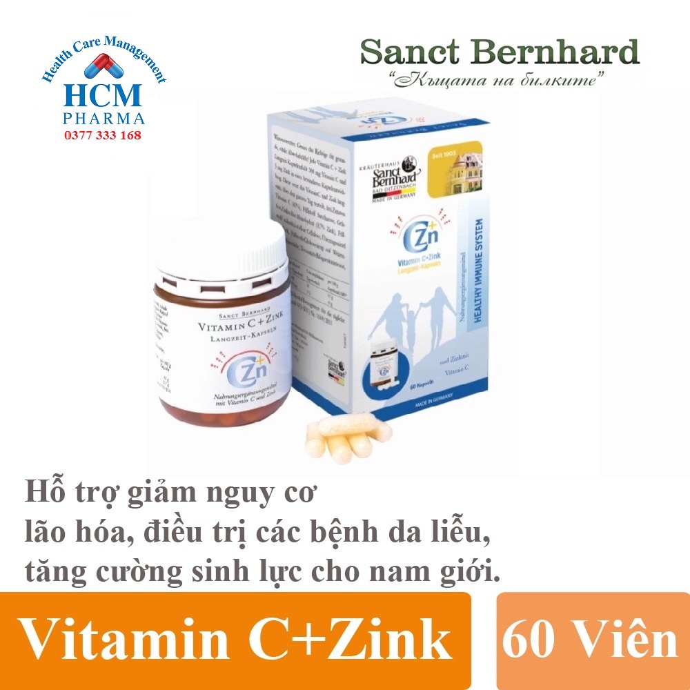 Vitamin C kẽm tăng sức đề kháng giúp đẹp da pure VITAMIN C + ZINK SANCT BERNHARD 60 viên nhập khẩu Đức TTG11