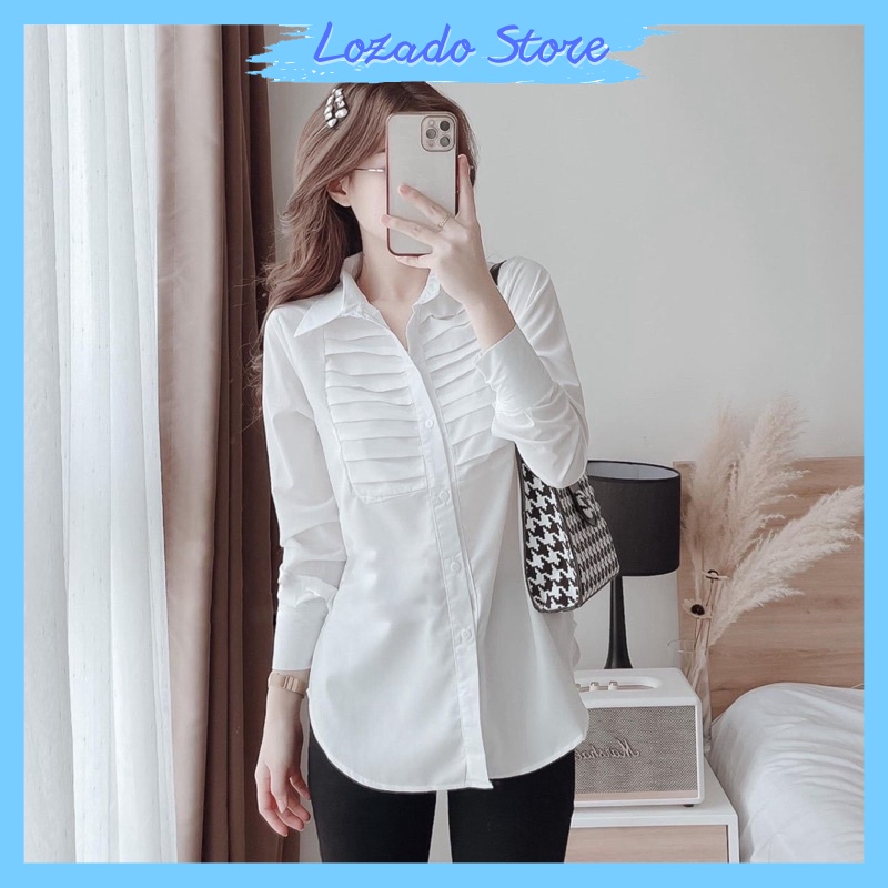 Áo sơ mi trắng nữ LOZADO áo sơ mi dài tay basic thiết kế viền ngực trẻ trung phù hợp mặc đi học đi làm A614
