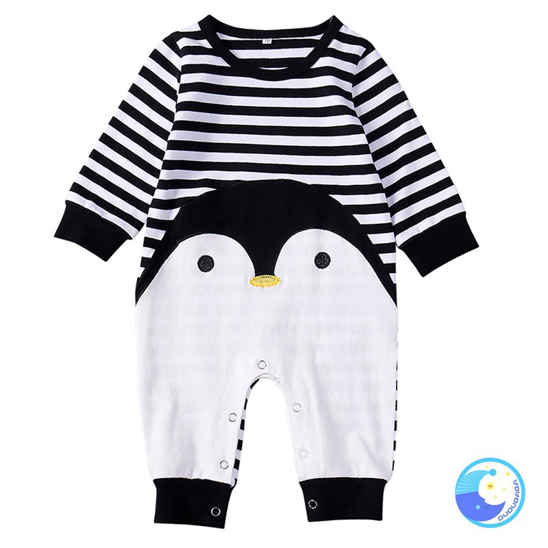 Áo liền quần sọc ngang in hình chim cánh cụt dễ thương cho bé