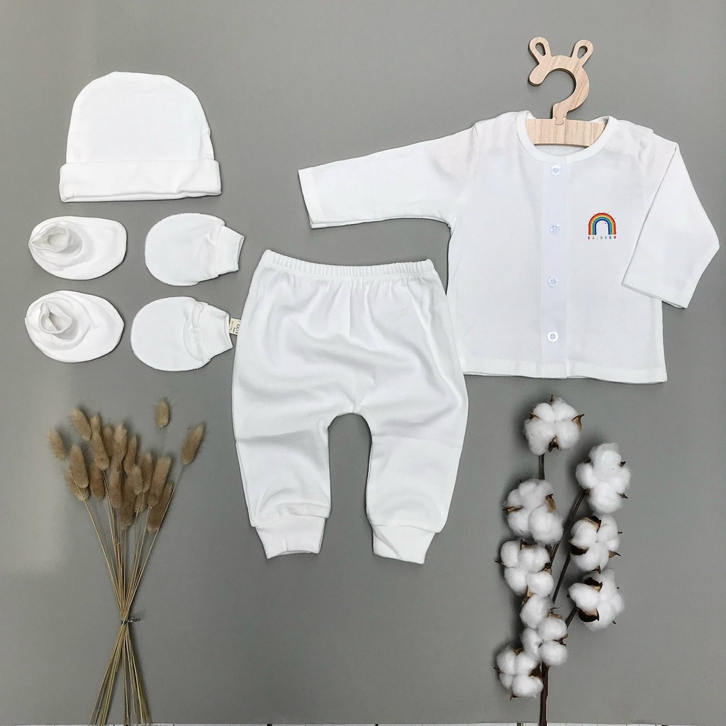 Set 5 chi tiết bộ dài tay sơ sinh cotton cao cấp cho bé sơ sinh 0-3 tháng