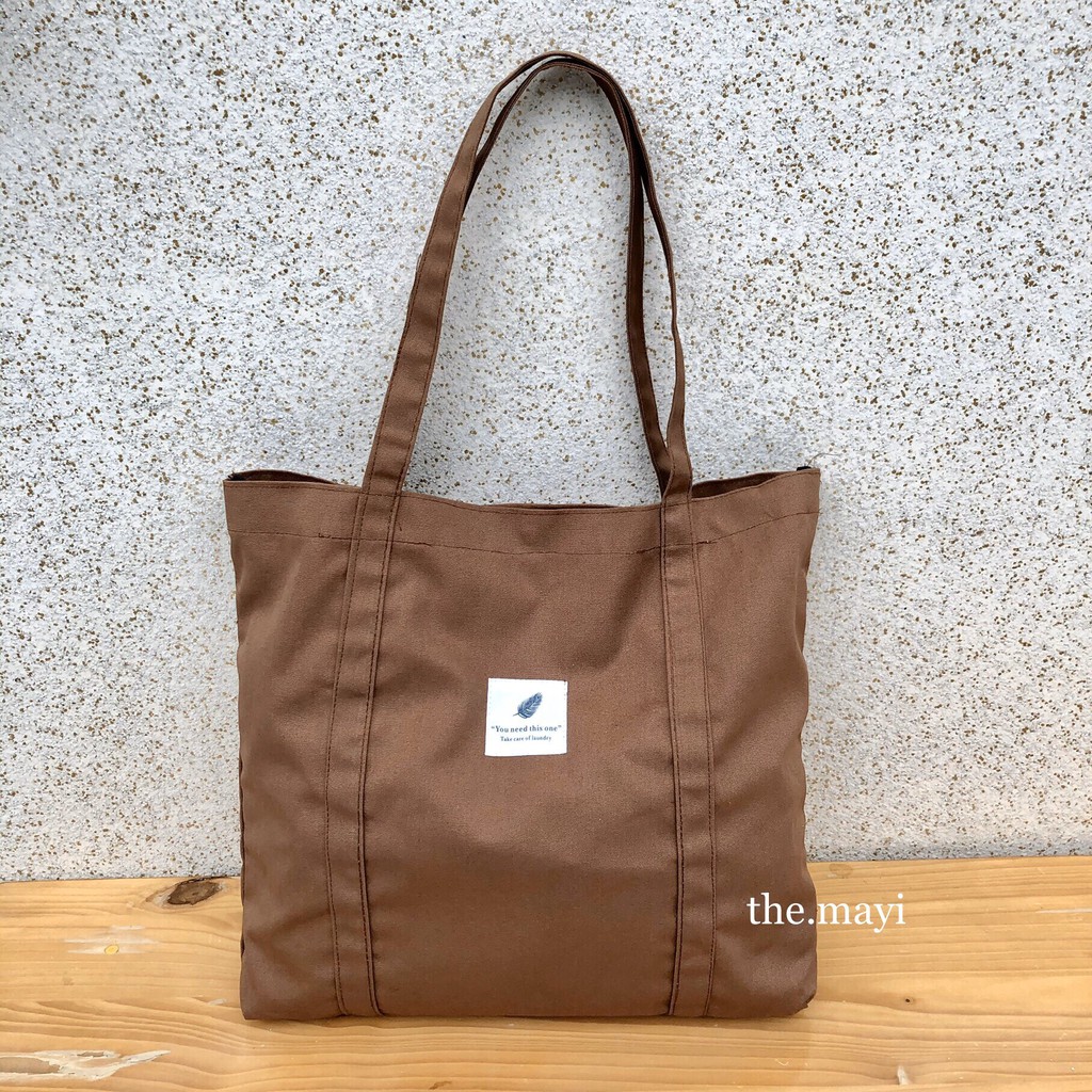 Túi tote vải nâu vintage brown đeo vai dải dây liền