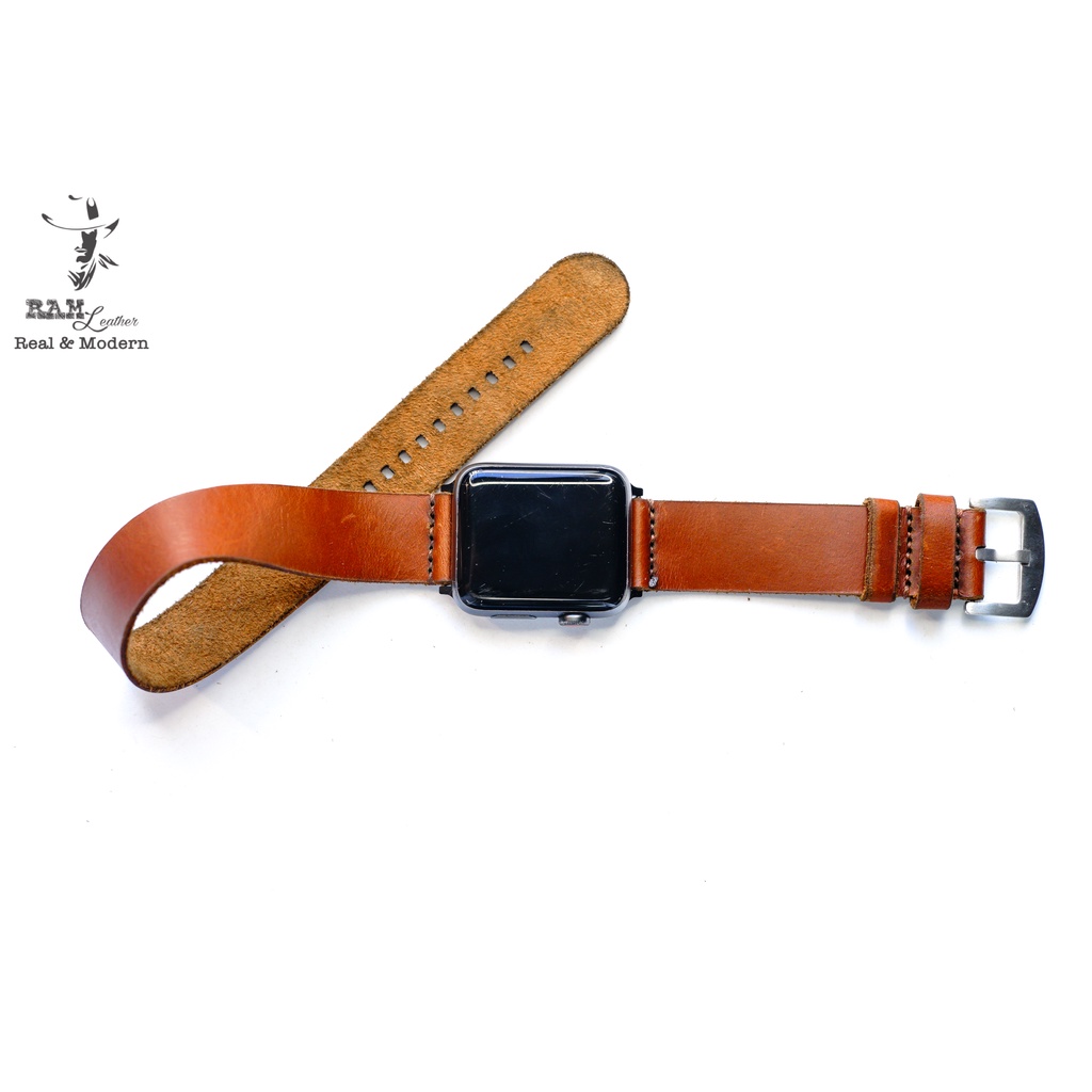 Dây đồng hồ da bò cao cấp màu nâu đỏ RAM Leather doublestrap - tặng khóa chốt và cây thay dây