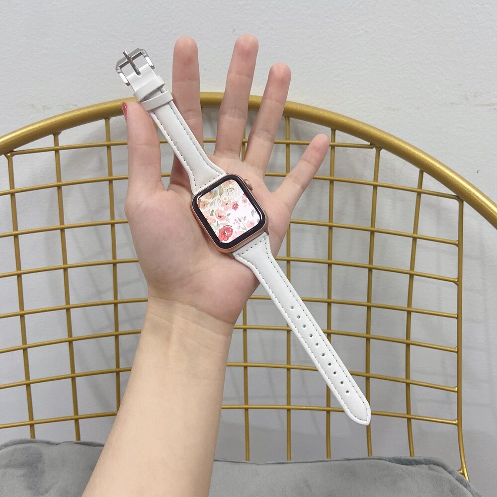 Dây đeo bằng da thật 38mm 42mm siêu mỏng thích hợp cho đồng hồ thông minh Apple Watch 40mm 44mm Se 6 5 4 3 2 1