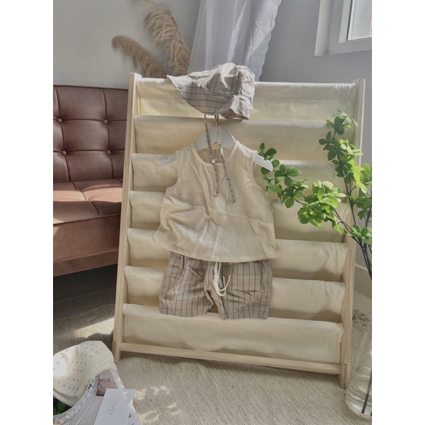 Áo + quần lửng + nón ca ro xám nhạt tay sát nách em bé Nanci room