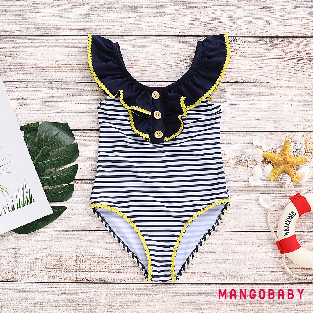 Bộ Đồ Bơi Bikini Họa Tiết Sọc Xanh Navy Cho Bé Gái