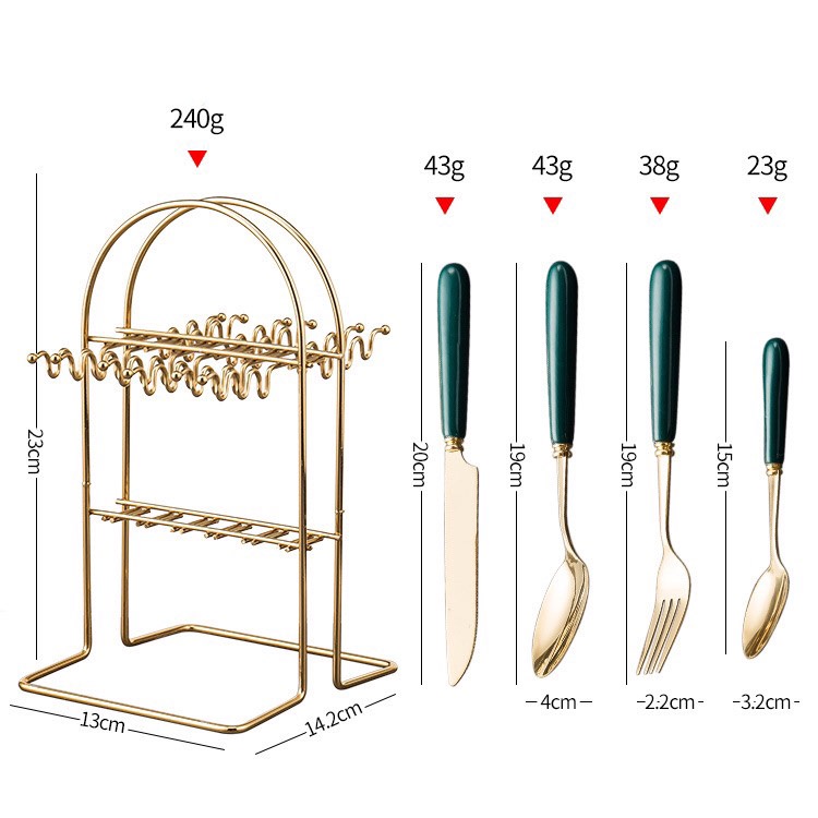 Bộ thìa, dĩa, dao, 25 món có giá treo inox vàng  dụng cụ ăn đồ Tây