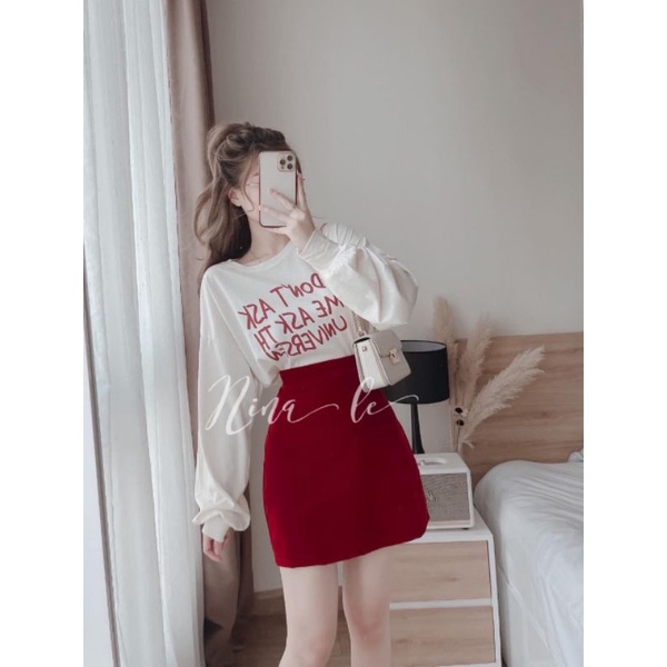 Set váy nữ áo thụng chữ phối chân váy nhung xinh xắn.Set váy nữ dễ thương, ấm áp.Set đồ đẹp, cao cấp.