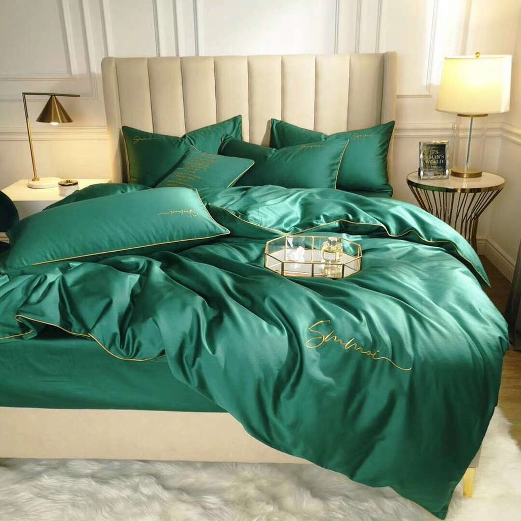 Trọn Bộ Chăn Ga Gối Nệm (4 Món) Nhập Khẩu LỤA SMMOI MÀU XANH LÁ Cao Cấp.Thời Thượng.Chăn Ga Cưới,Gia Đình,Khách Sạn