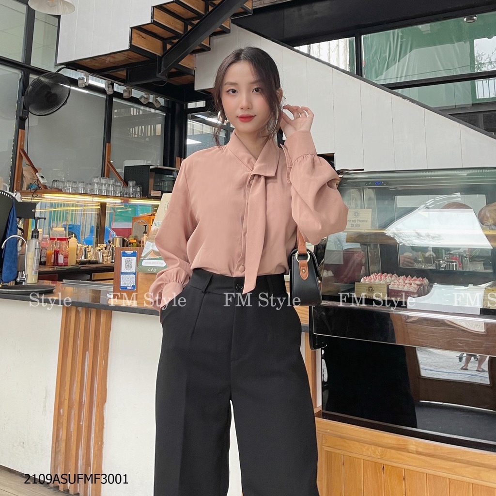 Áo sơ mi kiểu nữ Fm Style tay dài phần cổ áo cách điệu thời trang công sở Hàn Quốc 210930031