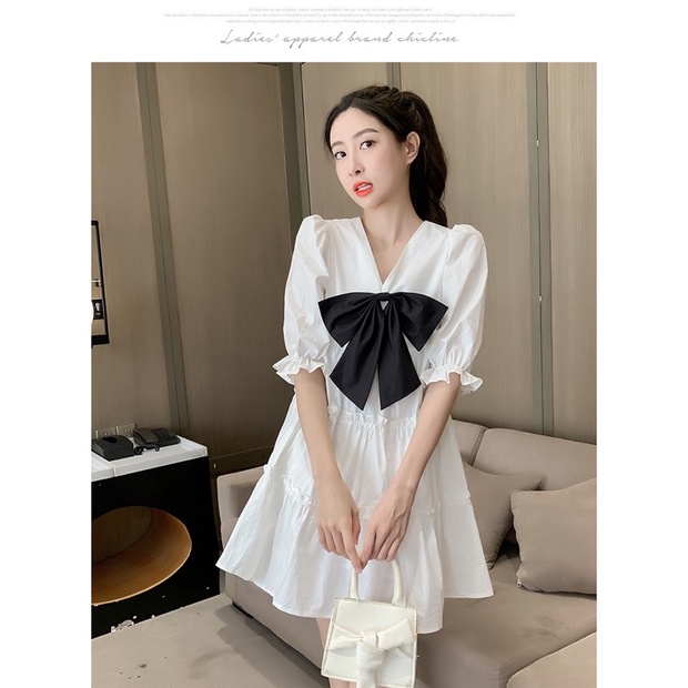Đầm babydoll đính nơ ❤️váy xoè xếp tầng cổ v ❤ ulzzang chất thô mềm