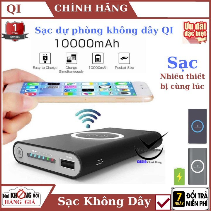 Sạc dự phòng không dây QI 10000 mAh , sạc cùng lúc nhiều thiết bị , đế sạc không dây tiện lợi ,  bảo hành chính hãng