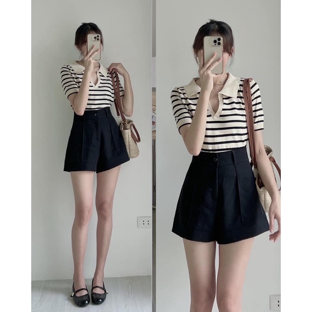 Áo len mongtogi cổ V bẻ kẻ ngang