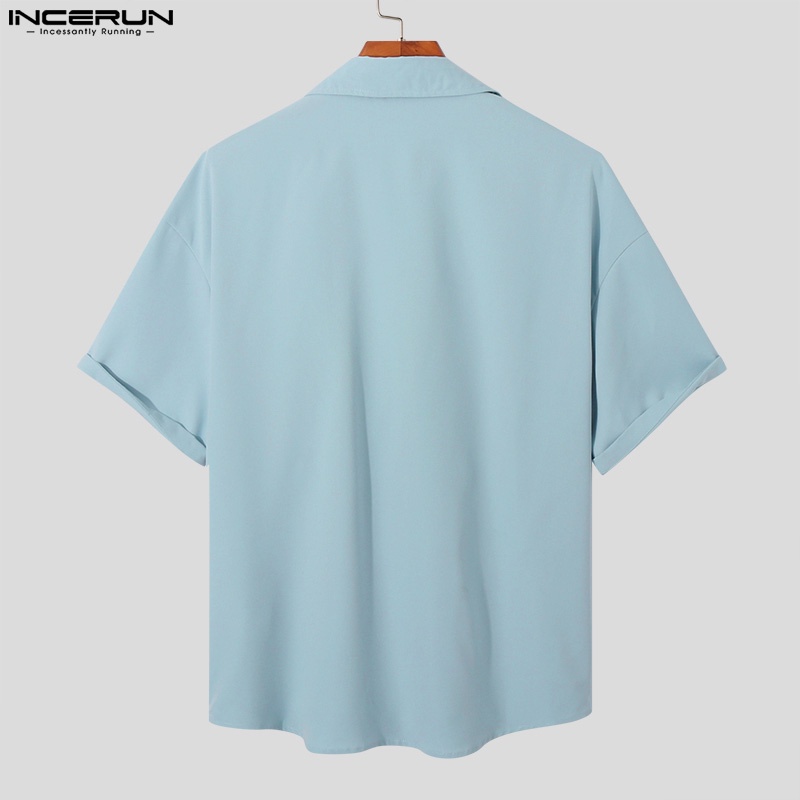 INCERUN Áo Sơ Mi Tay Ngắn Cài Khuy Thiết Kế Bất Đối Xứng Thời Trang Cá Tính Cho