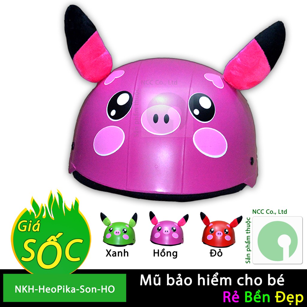 Mũ nón bảo hiểm cho bé 3-4 tuổi - Tem nhãn hình mặt HEO tai Pikachu - NKH-HeoPika-Son-D (Nhiều màu)