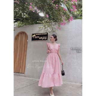Đầm dáng xòe đính khuy bọc cổ tim cột nơ lưng tay cánh tiên!