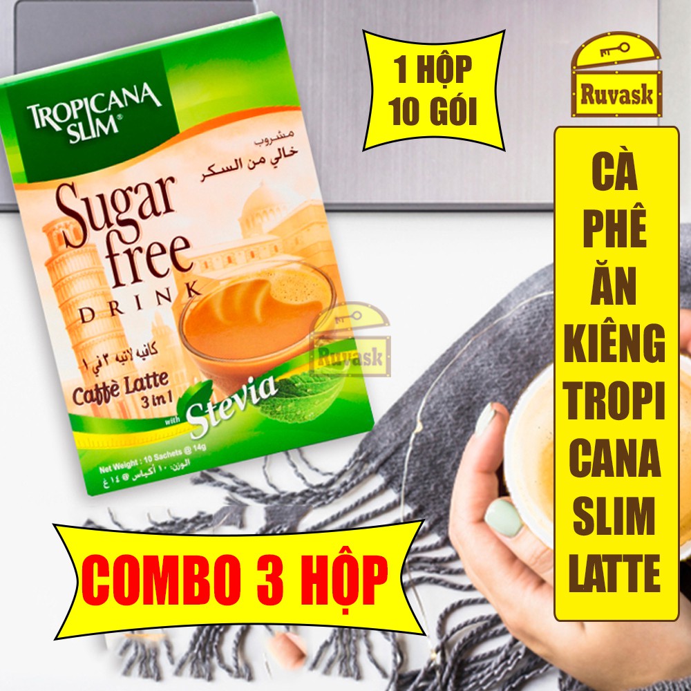 [COMBO 3 HỘP] Cà Phê Ăn Kiêng Tropicana Slim Caffe Latte Với Chiết Xuất Cỏ Ngọt Stevia 3in1 10 Gói 14g - Ruvask