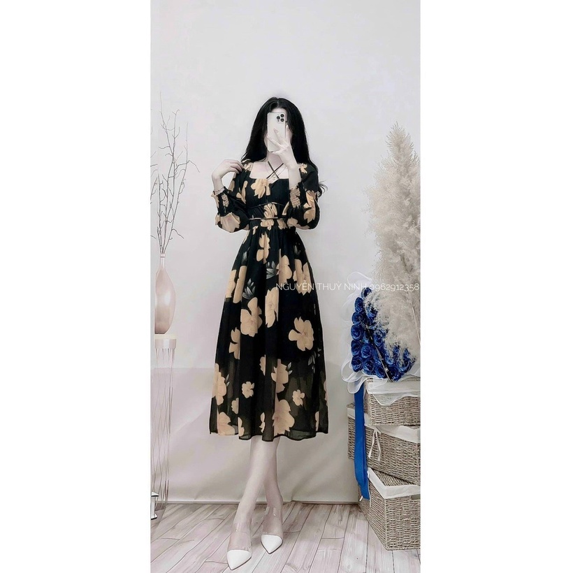 Đầm thời trang nữ mặc đi chơi chất voan chifon 2 lớp có mút ngực tay dài hoạ tiết hoa