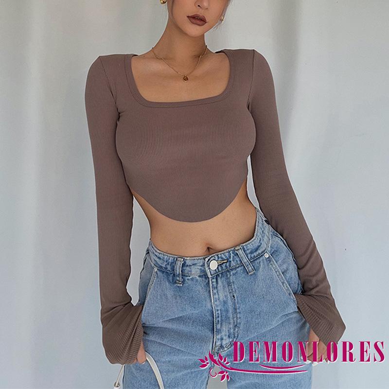 Áo thun dệt kim cổ vuông màu sắc độc đáo thời trang cho nữ