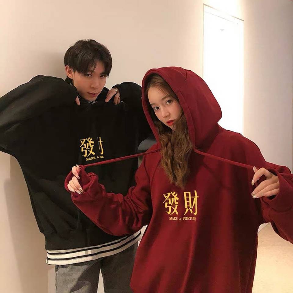 Áo Hoodie Nhung Dày Dặn Dáng Rộng In Họa Tiết Trung Hoa Thời Trang Thu Đông Cho Cặp Đôi