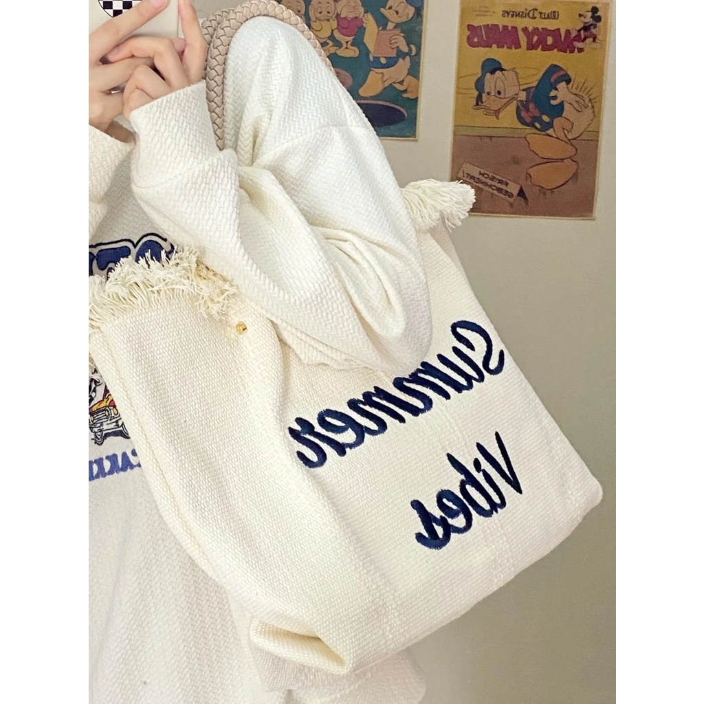 Túi Xách Canvas Cỡ Lớn Thêu Chữ Thời Trang Cho Nữ