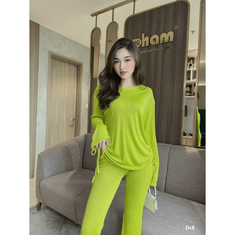 SÉT BỘ COTTON ÁO CỔ TRÒN TAY DÀI PHỐI QUẦN ỐNG LOE CÙNG MÀU MẶC NHÀ THOẢI MÁI UP Thời Trang hhp 2022