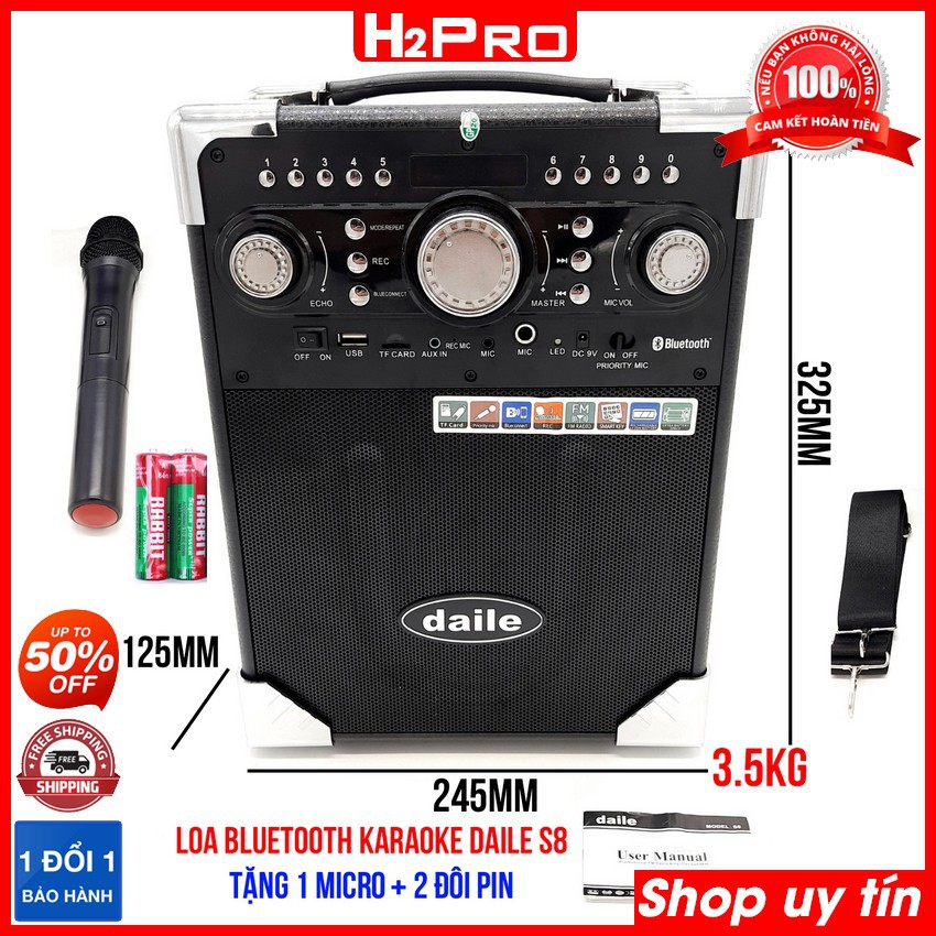 Loa Xách Tay Karaoke Bluetooth Daile S8 250W H2Pro hát hay, loa hát karaoke giá rẻ tặng 1 micro không dây và đôi pin