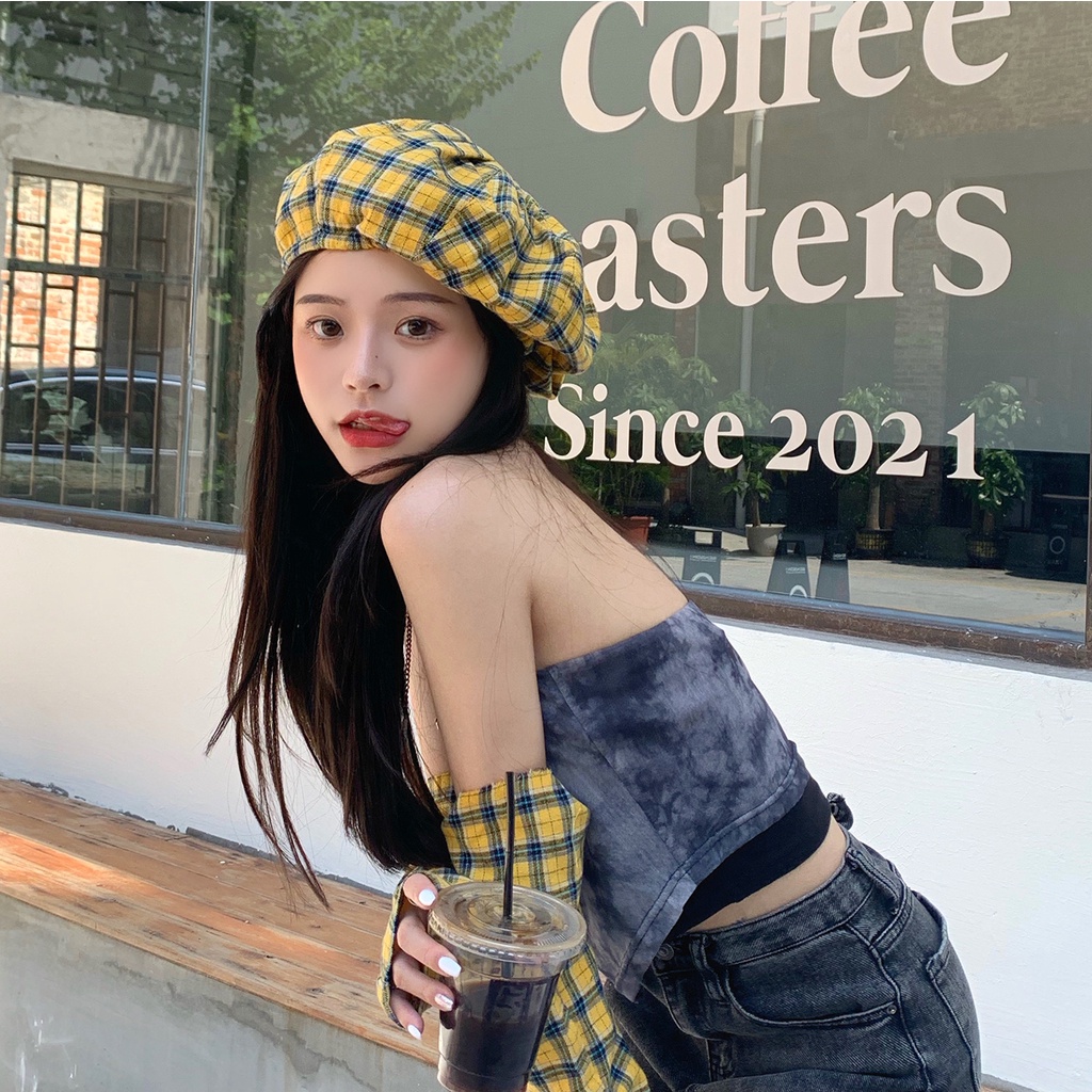 Style Congee Cocoa Mũ Beret Họa Tiết Sọc Caro Đỏ Đầu To Thời Trang Mùa Hè Cho Nữ