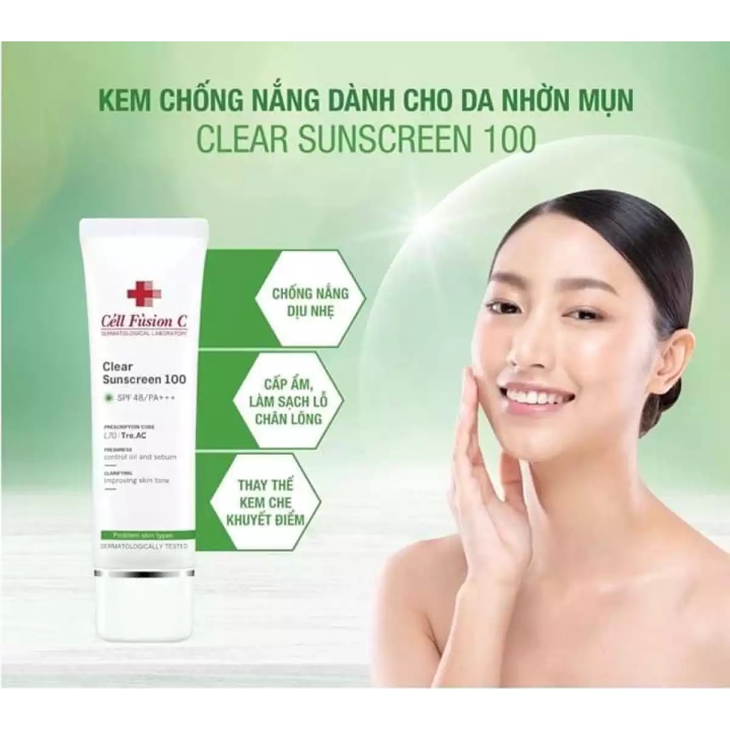 Kem chống nắng Cell Fusion C màu xanh lá Clear Sunscreen cho da mụn 50ml