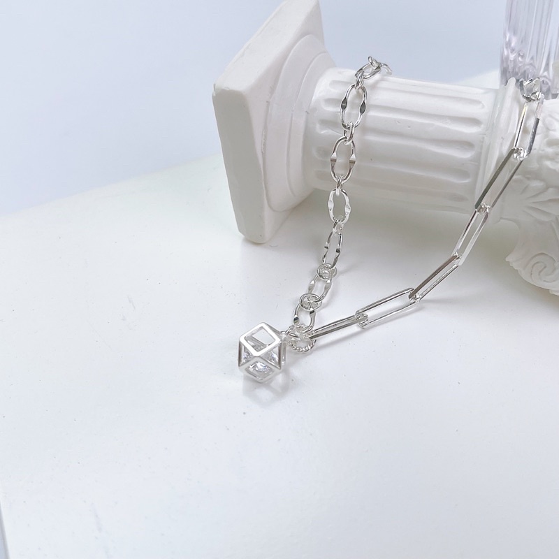 Lắc tay bạc nữ đai xích charm lập phương tâm pha lê cá tính LT012 - Cam kết chuẩn bạc | BigBuy360 - bigbuy360.vn